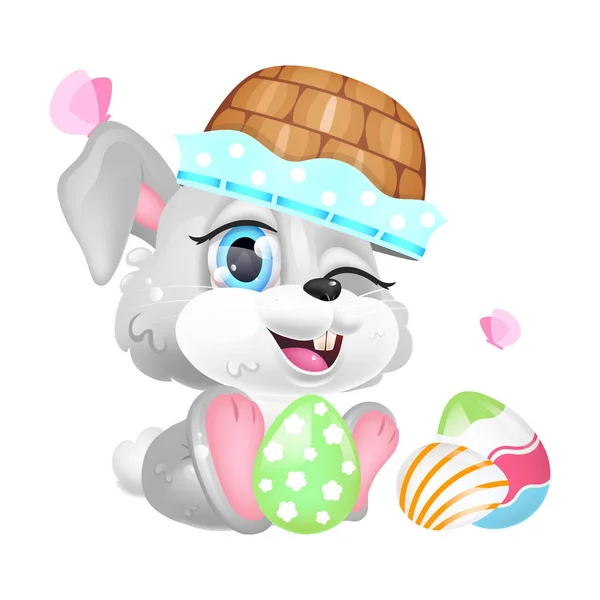 Cute Easter Rabbit Basket Head Kawaii Cartoon Vector Character Adorable — Stock Vector