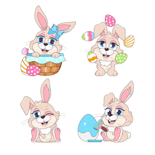 有趣有趣的复活节兔子卡瓦卡通人物集 帕斯卡节日贺卡设计元素 可爱和有趣的兔子装饰鸡蛋 独立贴纸 白色贴片收集 — 图库矢量图片