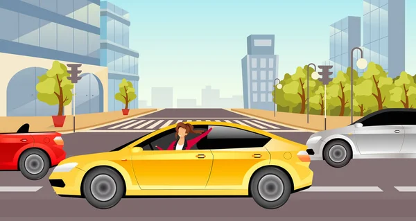 女孩驾驶轿车平面彩色矢量插图 乘坐黄色汽车的快乐女士2天卡通人物 背景为城市景观 有个人交通工具的年轻微笑的女人 城市交通 — 图库矢量图片