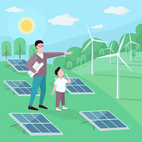 Father Son Alternative Energy Station Flat Color Vector Illustration Renewable — Stock Vector