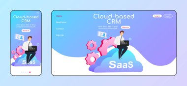 Bulut tabanlı CRM uyarlanabilir iniş sayfası düz renk vektör şablonu. Tişört ve kravat takan bir iş adamı ve PC ana sayfası. SaaS bir sayfa UI. Modern teknoloji web sayfası platform tasarımı