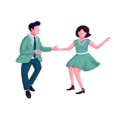 Kadın ve erkek dans ederken düz renk vektör yüzsüz karakter. Swing dansçıları. Vintage Revival Party 'deki çift, web grafik tasarımı ve animasyonu için karikatür çizimlerini izole etti