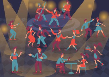Retro insanlar düz renk vektörsüz karakterler kümesi. Caz müzisyenleri ve rock 'n roll dansçıları. Rockabilly 1950 tarzı bayanlar ve baylar spot lambası arkaplanındaki karikatür çizimlerini izole etti