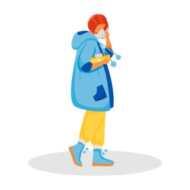 Yüzü olmayan düz renk vektörü hapşırıyor. Burun hastalığı olan bir kadın. Grip virüsü olan bir kadın hasta. Burnu mendille silen kişi. Hastalığın belirtileri izole çizgi film çizimleri