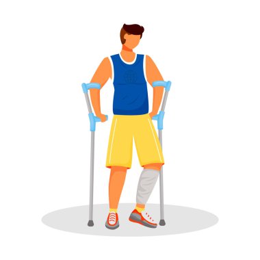 Koltuk değnekleri düz renkli vektör yüzsüz karakter. Fiziksel yaralanma. Kırık kemik için bacak kalıbı. Kas burkulması için bandajlar. Sağlık hizmetleri. Rehabilitasyon karikatür çizimi