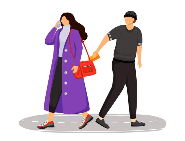 Pickpocketing couleur plate vecteur caractère sans visage. Un cambrioleur qui vole son portefeuille. Pickpocket cambriolant une femme distraite. Voleur qui vole une fille. Illustration de dessin animé isolée — Image vectorielle