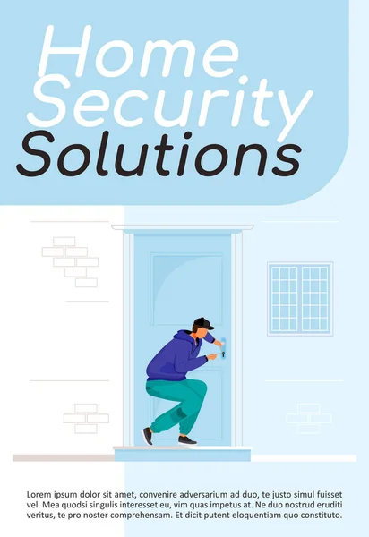 Lösungen für die Home Security plakatieren flache Vektorvorlagen. Diebstahlschutz. Schleusenpickerei. Illegale Einreise. Broschüre, Booklet, einseitiges Konzeptdesign mit Comicfiguren. Flyer, Faltblatt — Stockvektor