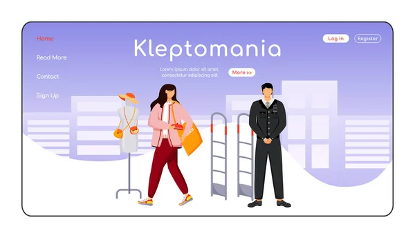 Kleptomania Zielseite flache Farbvektorvorlage. Ladendiebstahl. Ladendiebstahl. Kriminelle Aktivitäten. Homepage-Layout. Eine Seite Website-Schnittstelle mit Cartoon-Figur. Web-Banner, Webseite — Stockvektor