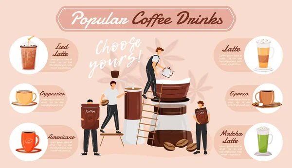 Popular coffee drinks flat color vector informational infographic template. Poster, booklet, PPT page concept design with cartoon characters. Advertising flyer, leaflet, info banner idea — Stockvektor
