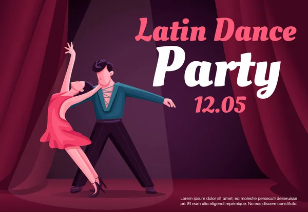 Banner de fiesta de baile latino plantilla de vector plano. Folleto, diseño del concepto de póster con personajes de dibujos animados. Concurso de rumba, clases de tango volante horizontal, folleto con lugar para texto — Vector de stock