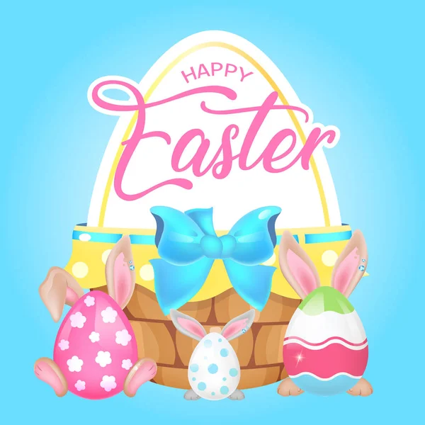 有趣的复活节节庆社交媒体的帖子模仿。用帕斯卡鸡蛋篮和兔子耳朵在粉红上写字。正面海报，卡片模板与兔子动物。内容编排。印刷，儿童书画 — 图库矢量图片