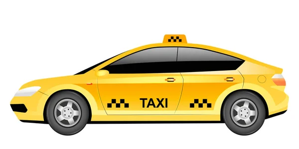 Taxi car cartoon vector illustration. Traditional yellow cab flat color object. City travel service vehicle isolated on white background. Urban public transport. Modern sedan side view — Stock Vector