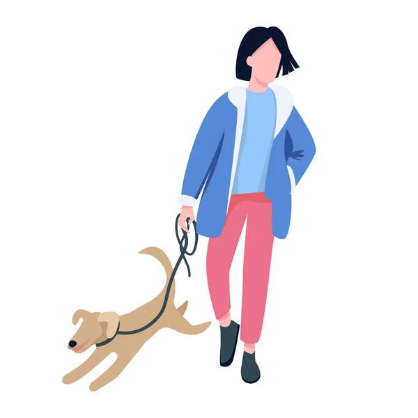 Homem andando com cão cor plana personagem vetor sem rosto. Dono de animais de estimação, amante do cão passeando com cachorro brincalhão ao ar livre isolado desenho animado ilustração para web design gráfico e animação — Vetor de Stock