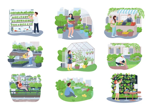Városi kertészkedés 2D vektor web bannerek, plakátok készlet. Kertészek, kertészek lapos karakterek rajzfilm háttér. Mezőgazdaság, növénytermesztés nyomtatható foltok, színes webes elemek — Stock Vector