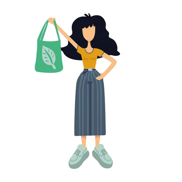 Zero waste flat cartoon vector illustration. Young woman holding green eco bag with leaf. Ready to use 2d character template for commercial, animation, printing design. Isolated comic hero — Stock Vector