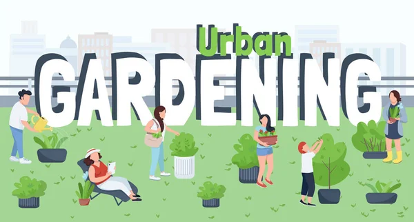 Városi kertészkedés, kertészkedés lapos színű vektor illusztráció. Városi kizöldítés, természetvédelem. Emberek gondoskodó növények, kertészek, férfi és női munkavállalók 2D rajzfilmfigurák városkép háttér — Stock Vector