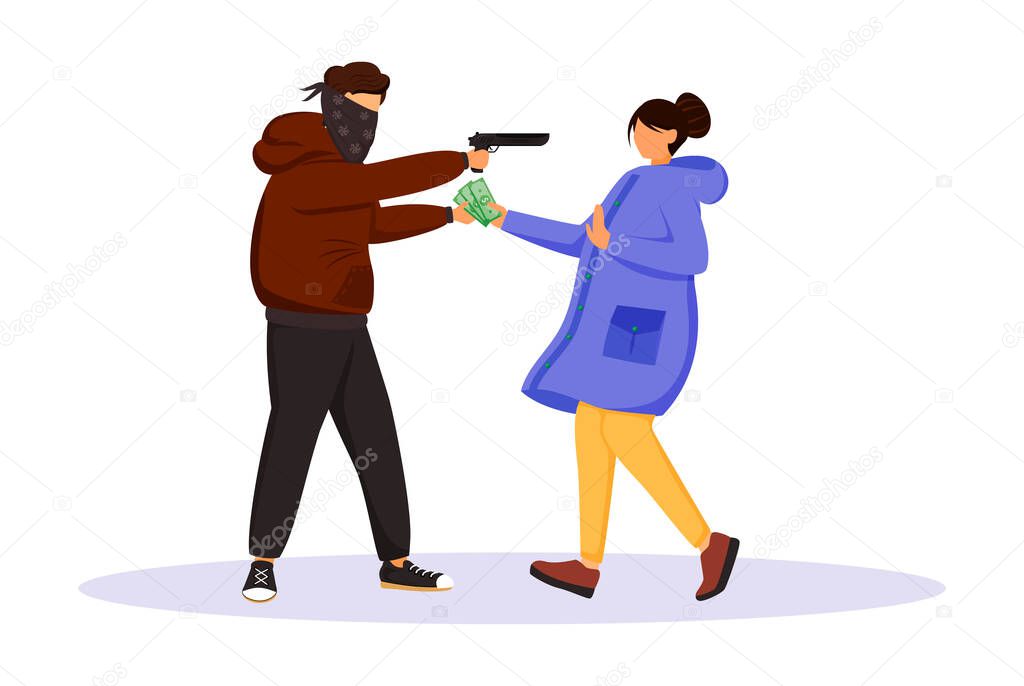 Armed street robbery flat color vector faceless character. Burglar threatening woman with gun. Thief stealing cash from person. Masked criminal robbing girl. Isolated cartoon illustration