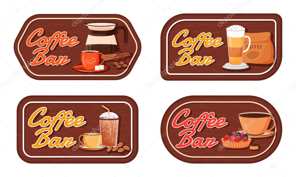 Coffee bar flat color vector labels set. Cafe menu packaging sticker. Restaurant, cafeteria. Coffeehouse patch, signboard with typography. Coffeeshop isolated cartoon design elements collection