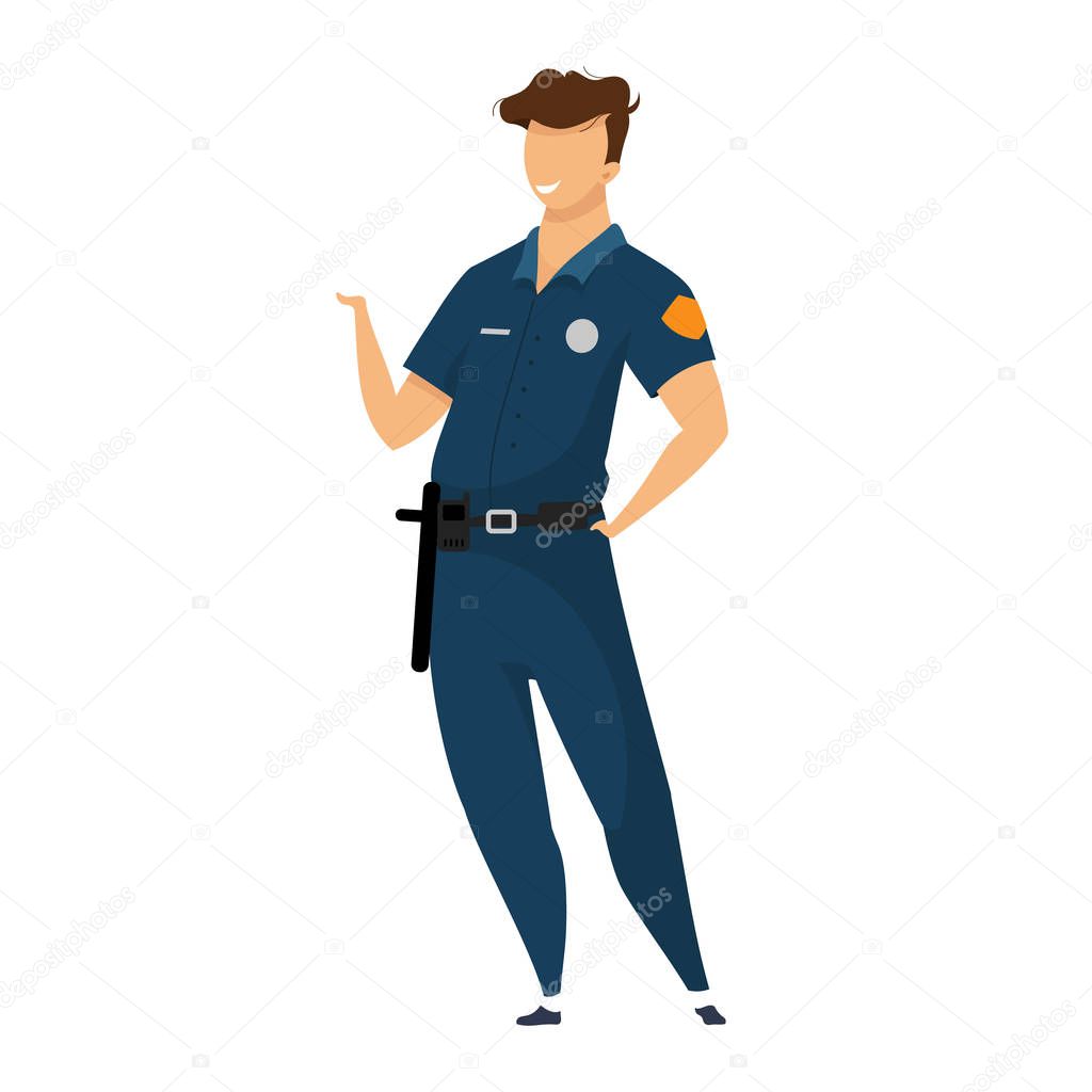 Police officer flat color vector faceless character. Law enforcer, policeman in uniform isolated cartoon illustration for web graphic design and animation. Happy patrolman, smiling cop