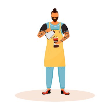 Sakallı, düz renkli, yüzü olmayan bir barista. Adam Amerikano yapıyor. Erkek kafe işçisi içki hazırlıyor. Espresso servisi yapan adam. Dövmeli hippi karikatür çizimi