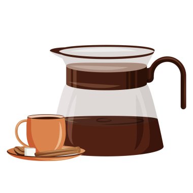 Sabah içeceği çizgi film vektör çizimi. Kahveci içeceği. Şekerli ve tarçınlı Espresso. Kafeterya yemeği. Kahve demliği düz renkli nesne. Amerikalı beyaz arka planda izole edilmiş.