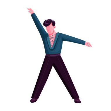 Balo salonu erkek dansçısı düz renk vektörü yüzsüz karakter. Latin dansçı solo dansçı. Retro disko partisindeki şık adam web grafik tasarımı ve animasyonu için karikatür çizimlerini izole etti