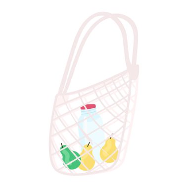 İçinde çizgi film çizimleri olan kaplumbağa çantası. Alışveriş için tekrar kullanılabilir ip çantası. Düz renkli bir nesnenin içinde market çantası ve market çantası. Paraşüt çuvalı beyaz arkaplanda izole edildi