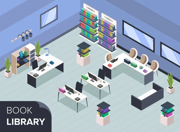 现代图书库等量彩色矢量图解 书架上有书 图书管理员 书店管理员表 配备了没有人的公共图书馆内部3D概念 — 图库矢量图片