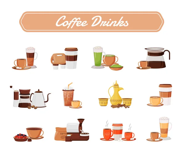 Coffee Drinks Flat Color Vector Objects Set Cappuccino Serving Traditional — Stock Vector