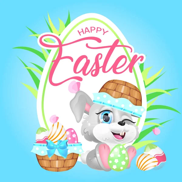 可爱的Pascha兔子Kawaii字符社交媒体贴文模仿 复活节快乐书信 正面海报 卡片模板与兔子 兔子和喜庆的蛋的内容布局 儿童书画 — 图库矢量图片