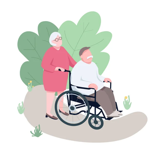 Eşi engelli kocaya yardım ediyor. Renk vektörü olmayan karakterler. Yaşlı bir çift, parkta yürüyen belden aşağısı felçli bir adam, aile desteği web grafik tasarımı ve animasyonu için izole edilmiş karikatür çizimi — Stok Vektör