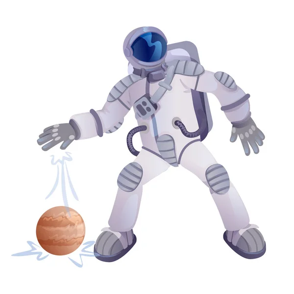 Cosmonaut en planeet platte cartoon vector illustratie. Astronaut, ruimteman en hemellichaam. Klaar om te gebruiken 2d karakter sjabloon voor commerciële, animatie, drukwerk ontwerp. Geïsoleerde stripheld — Stockvector