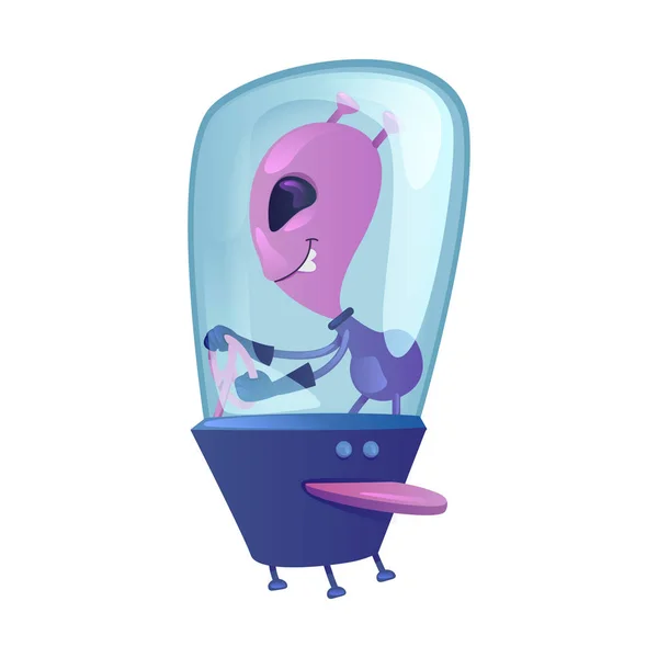 Alien in spaceship flat cartoon vector illustration. Vehículo espacial de conducción extraterrestre. Plantilla de carácter 2d lista para usar para diseño comercial, de animación e impresión. Héroe cómico aislado — Archivo Imágenes Vectoriales