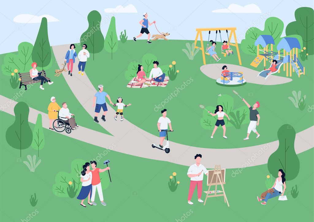 Visitantes del parque nacional ilustración vectorial a color plano.  Personas disfrutando de actividades recreativas de verano, niños en el parque  infantil personajes de dibujos animados 2D con árboles, césped verde y  caminos