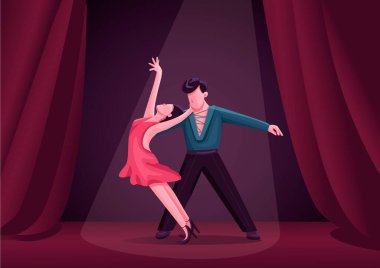 Rumba dansçıları çift düz renk vektör çizimi. Latin balo dansı yarışması katılımcıları 2D çizgi film karakterleri. Salsa, Arjantinli tango partnerleri sahne perdeleri arka planda