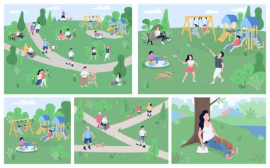 Park düz renk vektör çizimlerinde dinlen. 2 boyutlu çizgi film karakterleri açık hava aktivitelerinin keyfini çıkarıyorlar, kırsal kesimde dinleniyorlar. Çocuk parkı ekipmanları, eğlence amaçlı ulusal park manzarası