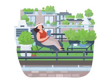 Veranda yarı 2d vektör web afişi, poster üzerinde dinleniyor. Güverte sandalyesindeki kadın çizgi film arka planındaki düz karakter. Eğlence, çatı bahçıvanlığı, kasabanın yeşillendirilebilen baskı bantları, renkli web elementleri