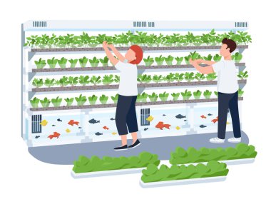 Yeşillik gösterisi 2d vektör web afişi, poster. Çiçekçi dükkanındaki insanlar, çizgi filmdeki düz karakterler. Aquaponics, ev bitkileri basılabilir yamalar, renkli web ögeleri