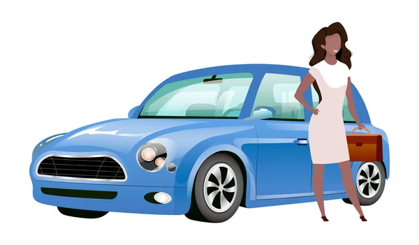 女商人站在车旁 面色苍白 脸色苍白 非洲裔美国妇女将公文包放在迷你库附近 为网页平面设计和动画制作制作孤立的卡通画 — 图库矢量图片