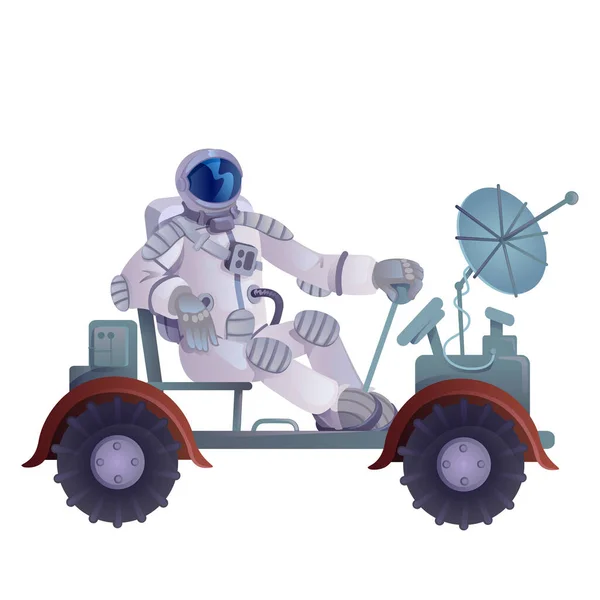 Cosmonaut Maanrover Platte Cartoon Vector Illustratie Een Astronaut Die Maanrover — Stockvector