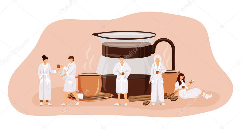 Morning coffee flat concept vector illustration. Drinking americano. Espresso in glass pot. Spiced black tea in cup. People in robes 2D cartoon characters for web design. Breakfast creative idea