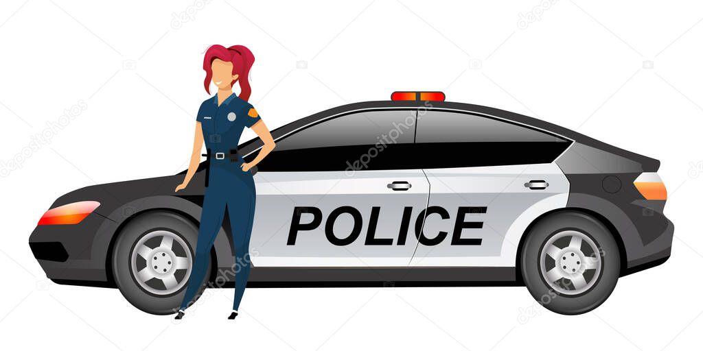 Woman cop standing by automobile flat color vector faceless character. Female police officer isolated cartoon illustration for web graphic design and animation. Smiling policewoman near patrol car