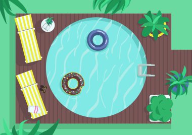 Üst görünüm yuvarlak havuz düz renk vektör çizimi. Suyun etrafındaki ahşap zemin. Özel tatil yeri. Şişirilebilir çörek halkası. Havuz kenarında arka planda şezlonglar ve şemsiyeler olan 2D karikatür manzarası