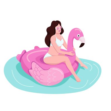 Kız şişme flamingo düz renk vektörlü yüzsüz karakterin üzerine oturuyor. Plaj tatil beldesinde bayan turist. Pembe şiltedeki kişi. Havuz partisindeki güneş gözlüklü kadın karikatür çizimi