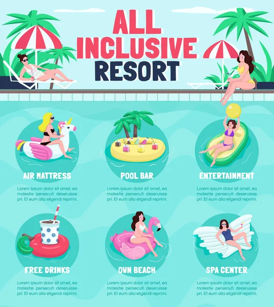 All Inclusive Resort Ploché Barvy Vektor Informační Informační Šablony Plakát — Stockový vektor