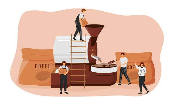 Assar Grãos Café Conceito Plano Vetor Ilustração Barista Personagens Desenhos — Vetor de Stock