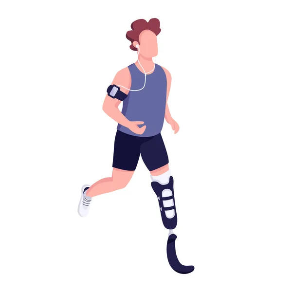 具有人造腿扁平彩色矢量的跑步者 残疾人运动员的训练 残疾男子慢跑孤立卡通画 用于网页平面设计和动画制作 — 图库矢量图片