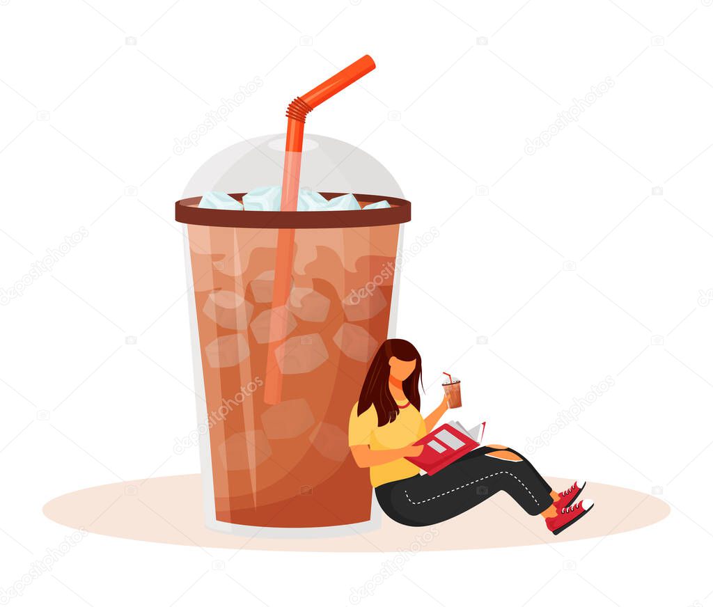 Iced americano flat concept vector illustration. Summer coffeehouse menu. Frozen coffee drink. Sweet refreshment. Woman reading 2D cartoon character for web design. Coffeeshop creative idea