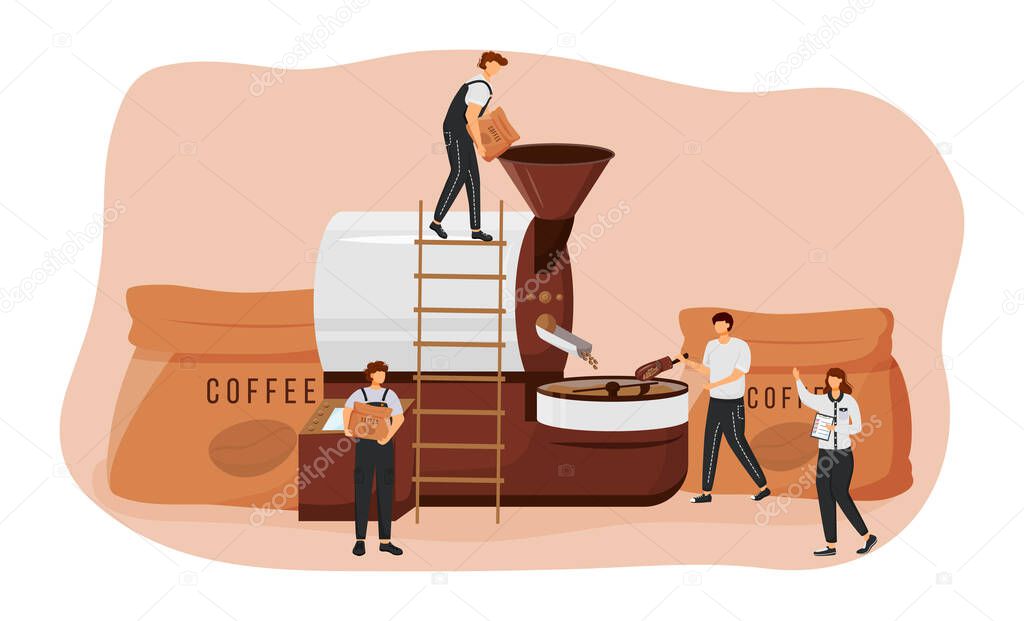 Roasting coffee beans flat concept vector illustration. Barista 2D cartoon characters for web design. Machinery preparation. Process of making arabica and robusta. Coffeehouse creative idea