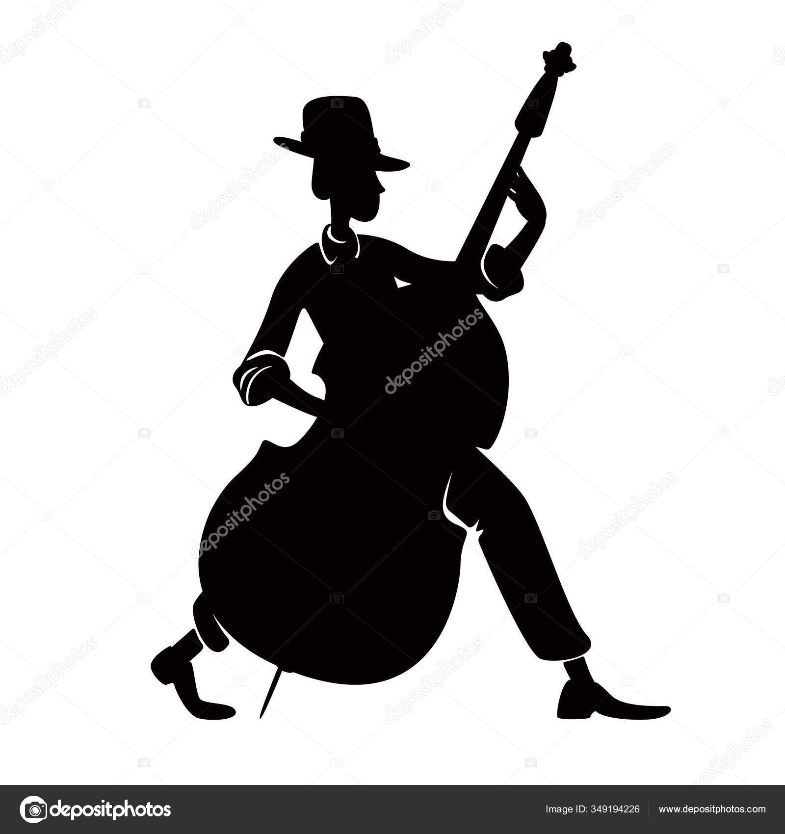 ダブルベースのブラックシルエットのイラストを持つミュージシャン ジャズバンドメンバー 自信を持って クールな人のポーズ 楽器を演奏男商業 アニメーション 印刷のための2d漫画のキャラクター形状 ストックベクター C Ntlstudio